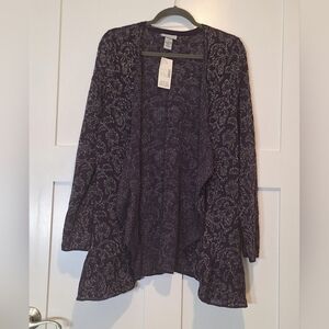 Catherines Purple Metallic Silver Sparkles Floral Ruffled Open Front Cardigan 1X